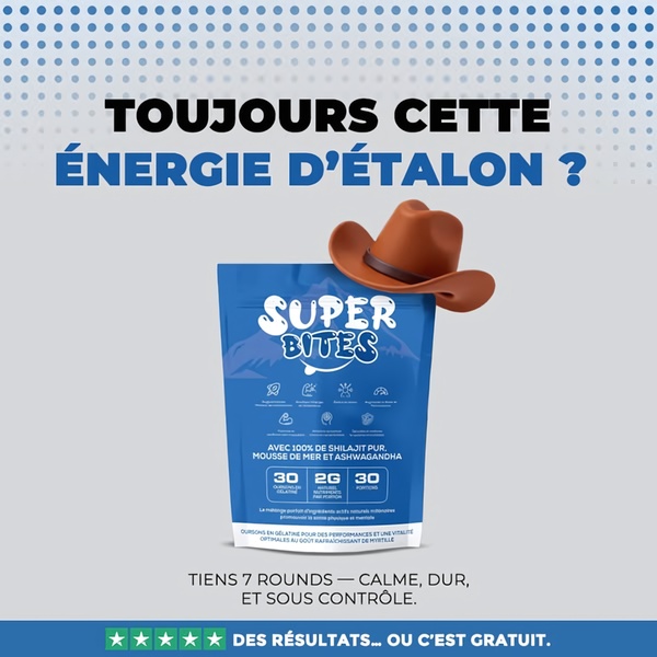 A high-contrast 1:1 ad creative using a cowboy hat visual metaphor to signify strength and peak performance for a dietary supplement pouch.